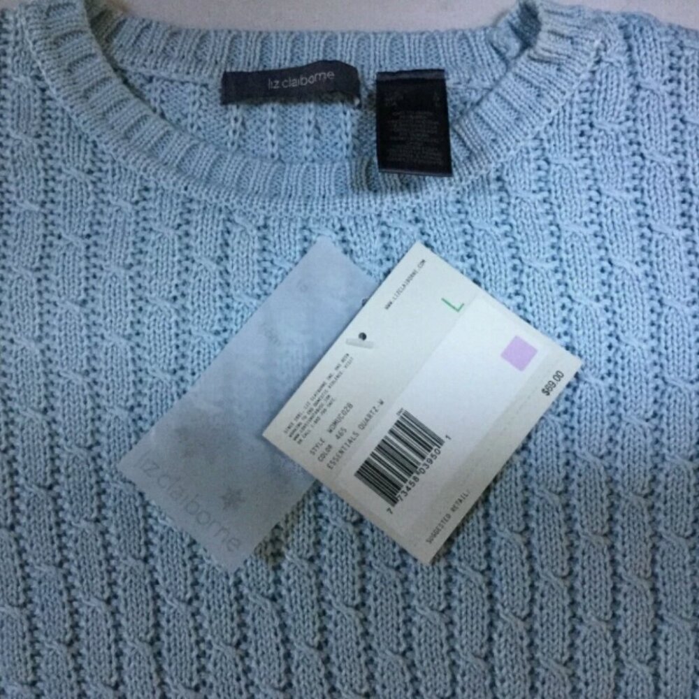 Liz Claiborne Women Size L Crew Neck Sweater Top Cotton Cable Knit Lt. Blue NWT